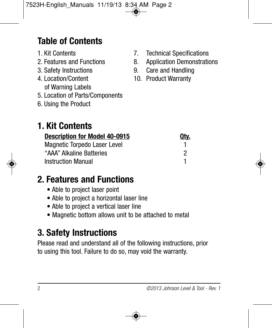 Johnson Level & Tool Mfg. 40-0915 User Manual | Page 2 / 10