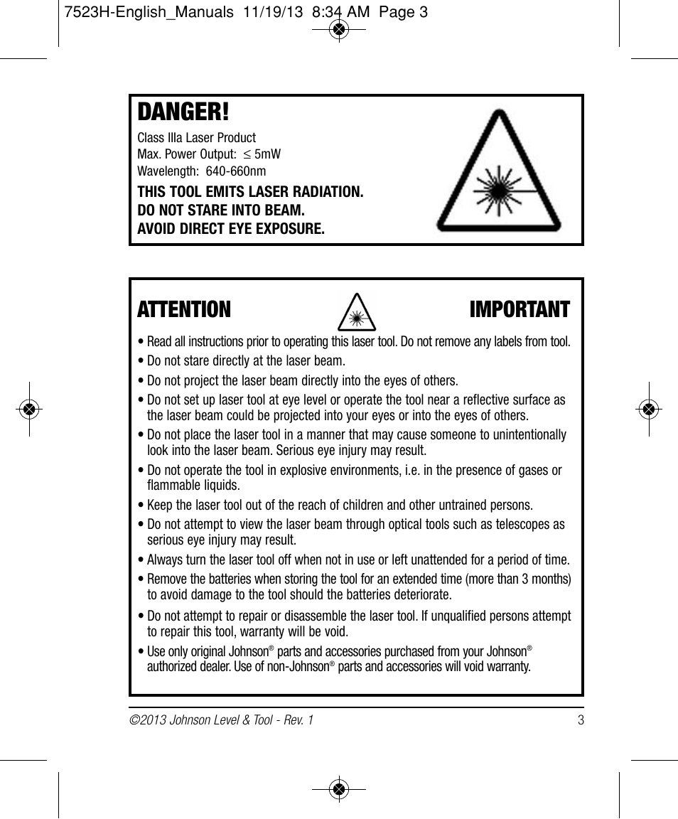 Danger, Attention important | Johnson Level & Tool Mfg. 40-0915 User Manual | Page 3 / 10