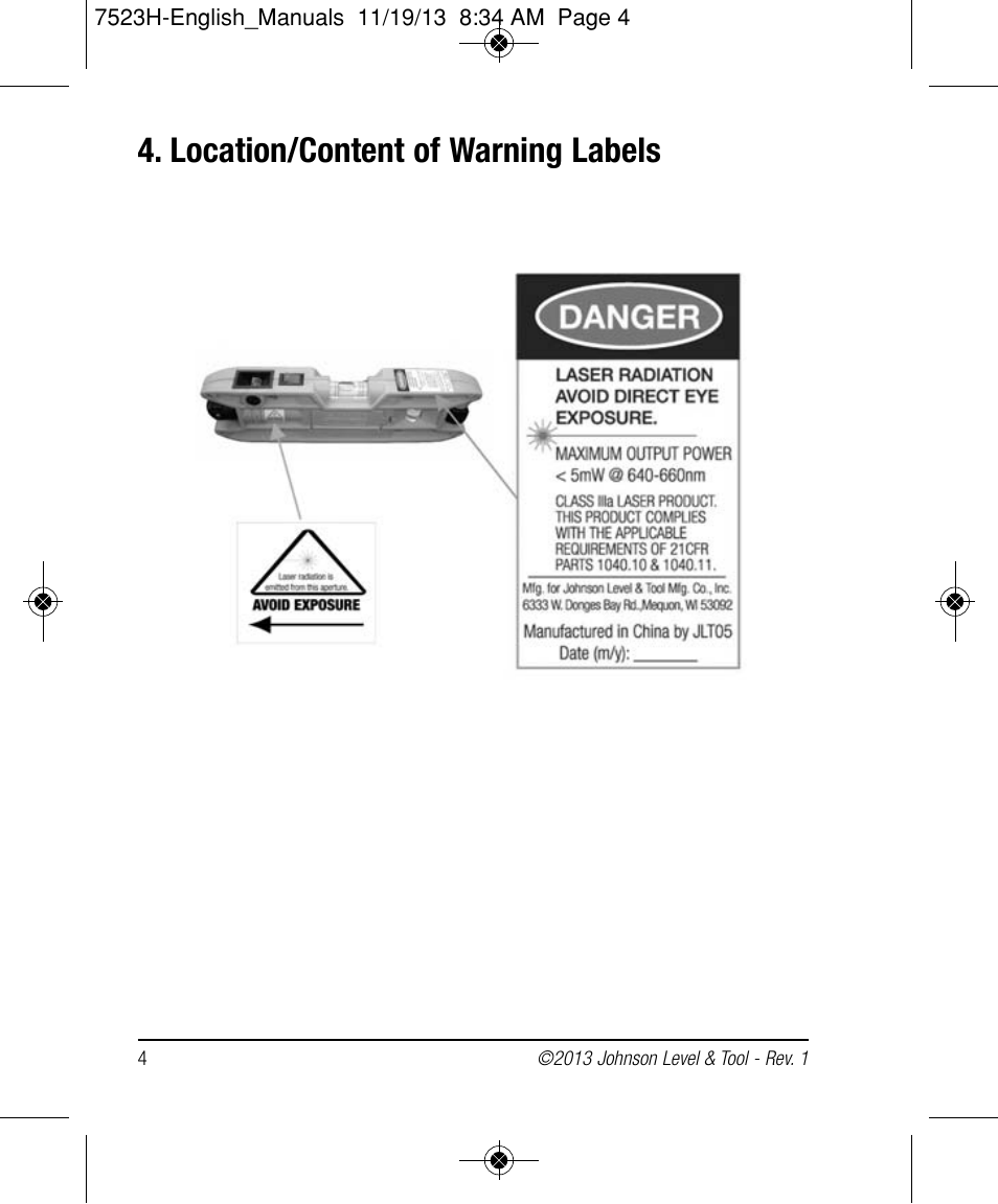 Location/content of warning labels | Johnson Level & Tool Mfg. 40-0915 User Manual | Page 4 / 10