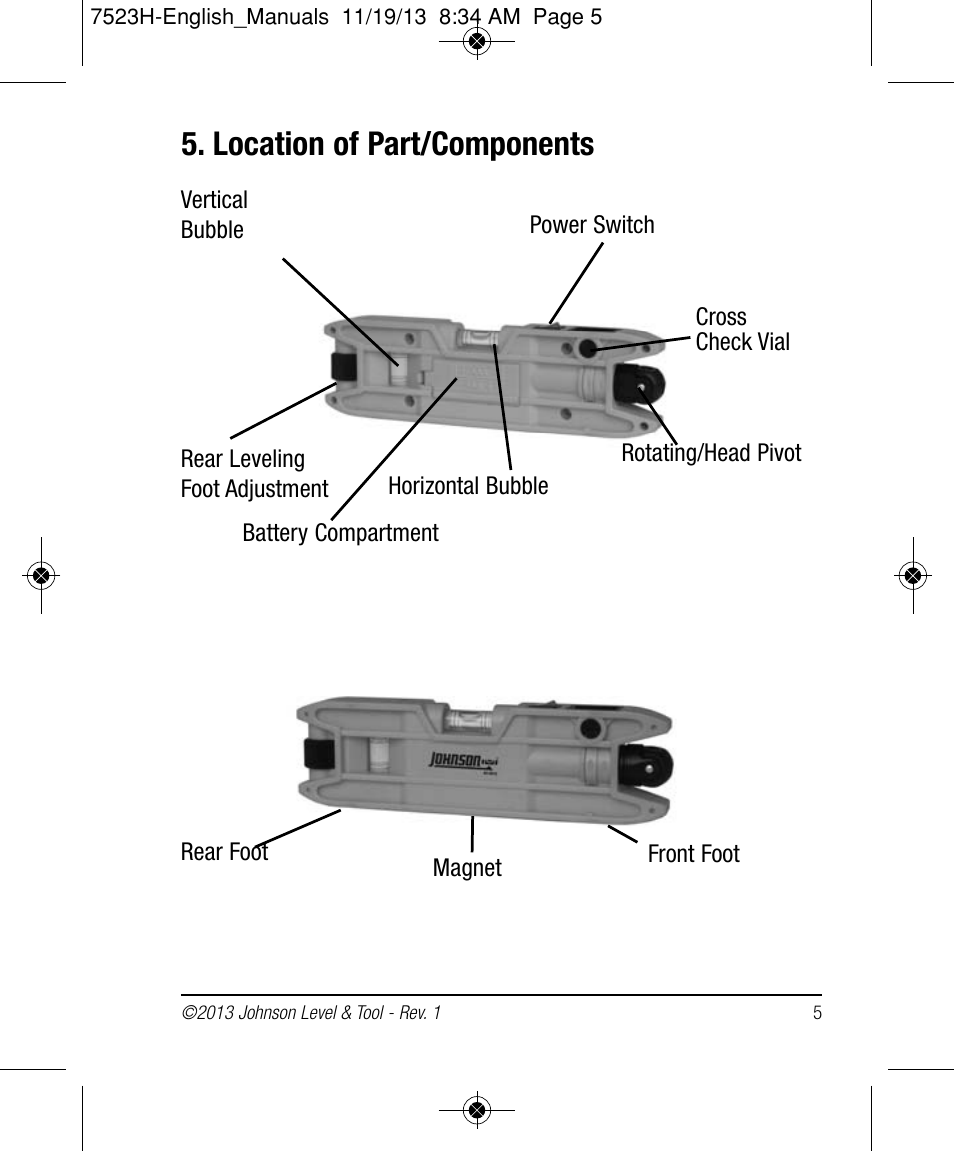 Location of part/components | Johnson Level & Tool Mfg. 40-0915 User Manual | Page 5 / 10