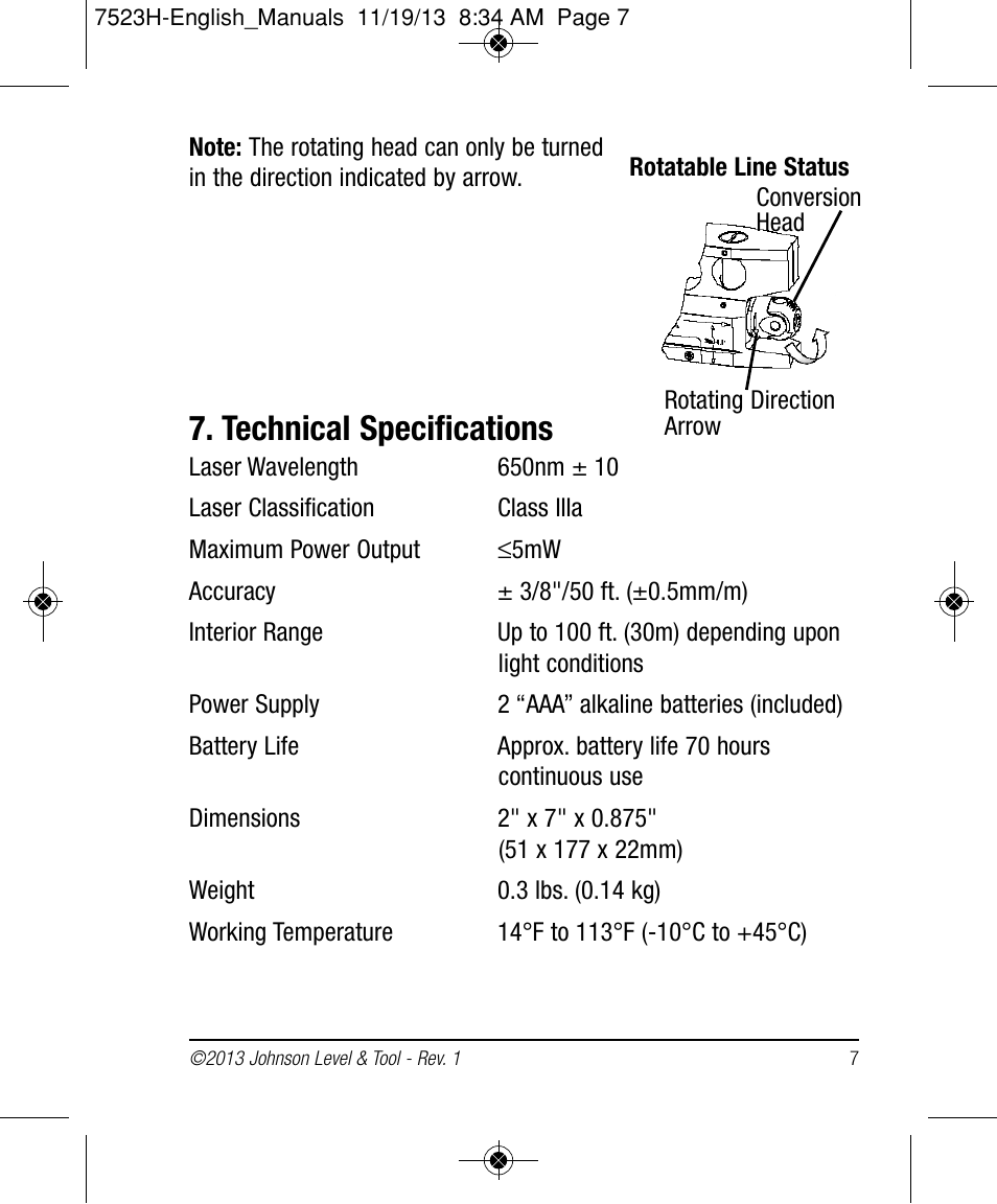 Technical specifications | Johnson Level & Tool Mfg. 40-0915 User Manual | Page 7 / 10