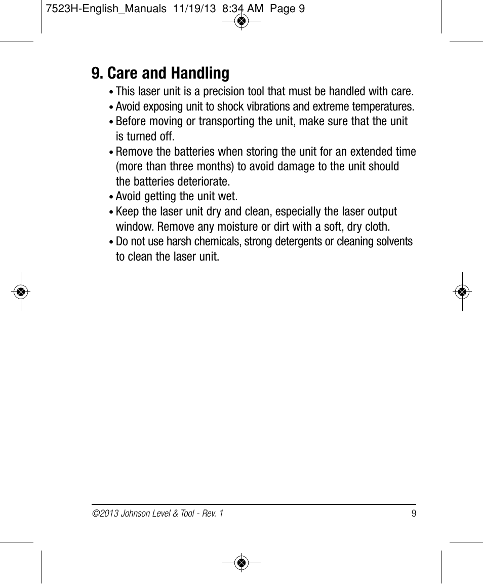 Care and handling | Johnson Level & Tool Mfg. 40-0915 User Manual | Page 9 / 10