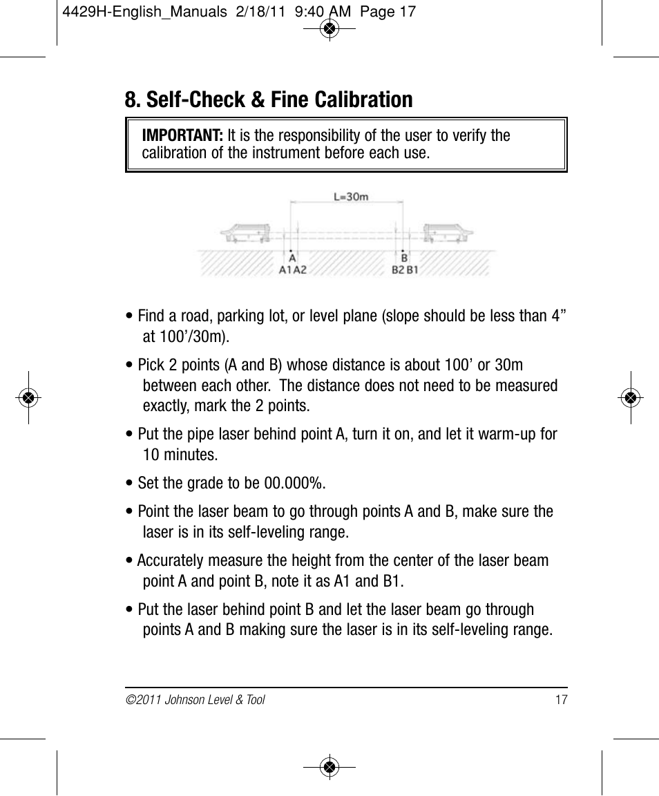 Self-check & fine calibration | Johnson Level & Tool Mfg. 40-6690 User Manual | Page 17 / 22