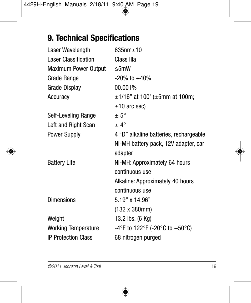 Technical specifications | Johnson Level & Tool Mfg. 40-6690 User Manual | Page 19 / 22