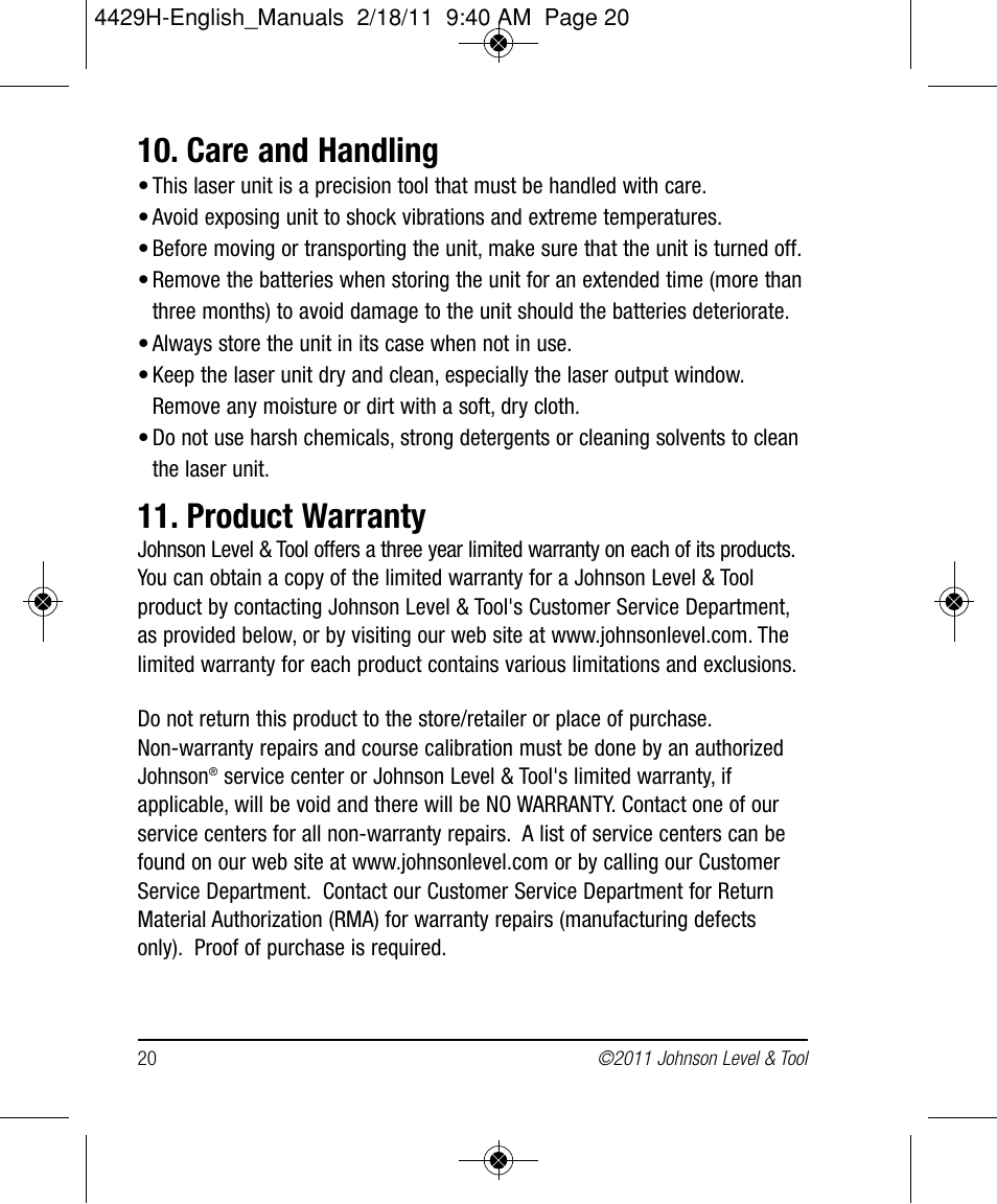 Care and handling, Product warranty | Johnson Level & Tool Mfg. 40-6690 User Manual | Page 20 / 22
