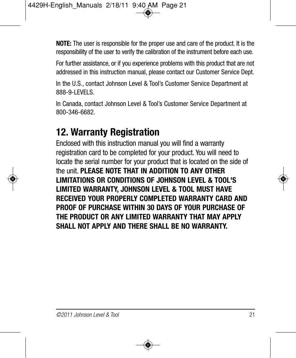 Warranty registration | Johnson Level & Tool Mfg. 40-6690 User Manual | Page 21 / 22