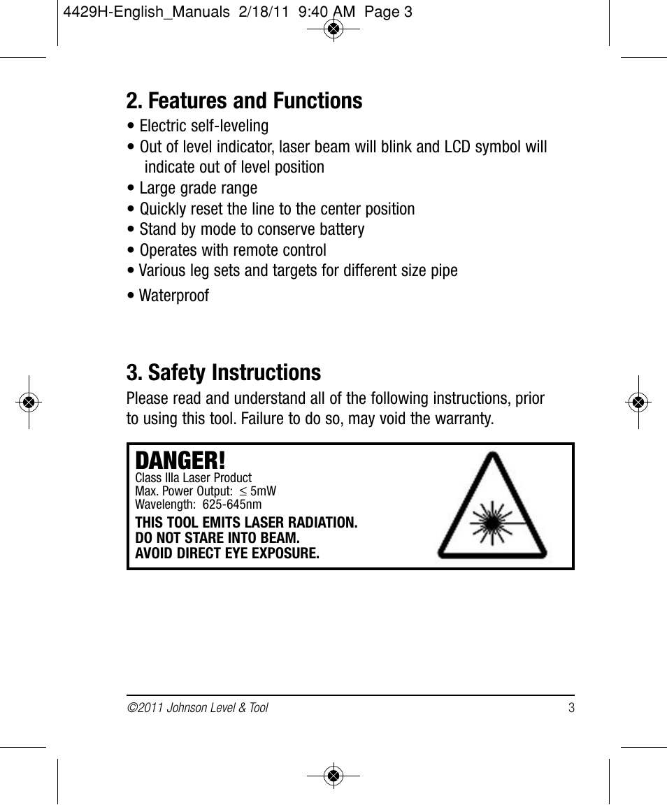 Danger, Safety instructions, Features and functions | Johnson Level & Tool Mfg. 40-6690 User Manual | Page 3 / 22