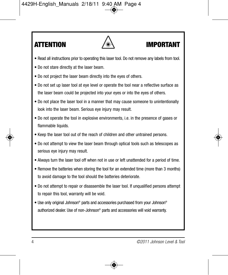 Attention important | Johnson Level & Tool Mfg. 40-6690 User Manual | Page 4 / 22