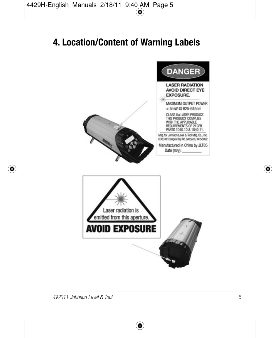 Location/content of warning labels | Johnson Level & Tool Mfg. 40-6690 User Manual | Page 5 / 22