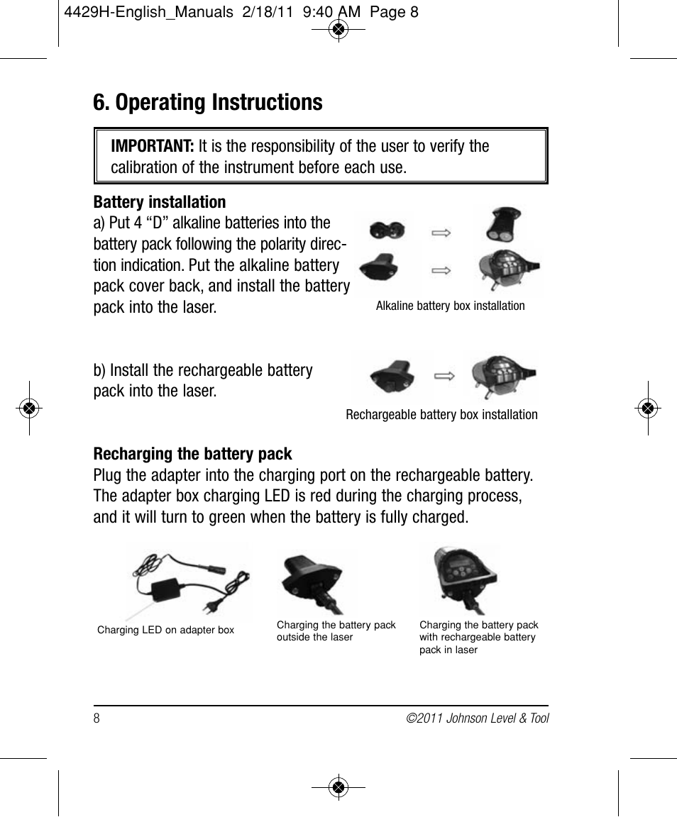 Operating instructions | Johnson Level & Tool Mfg. 40-6690 User Manual | Page 8 / 22