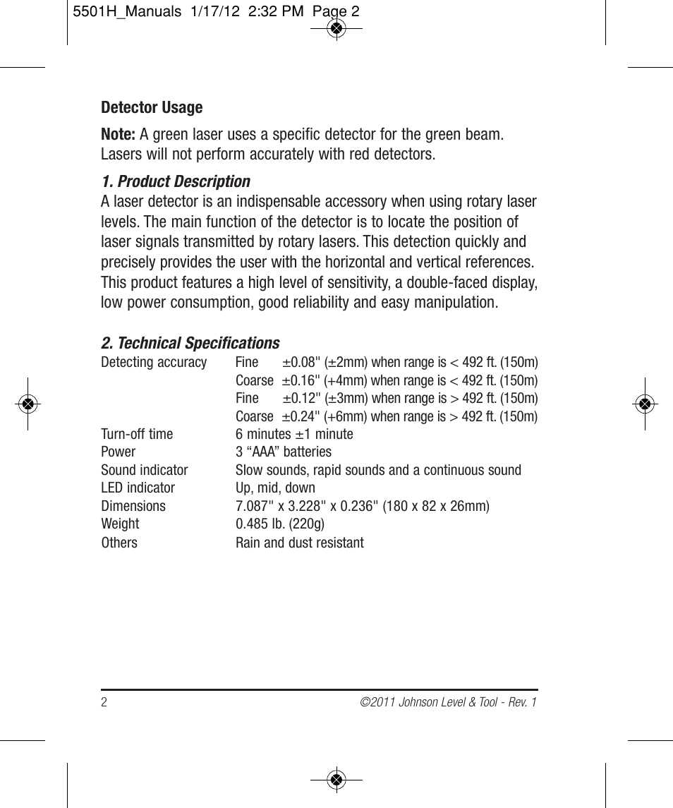 Johnson Level & Tool Mfg. 40-6760 User Manual | Page 2 / 8