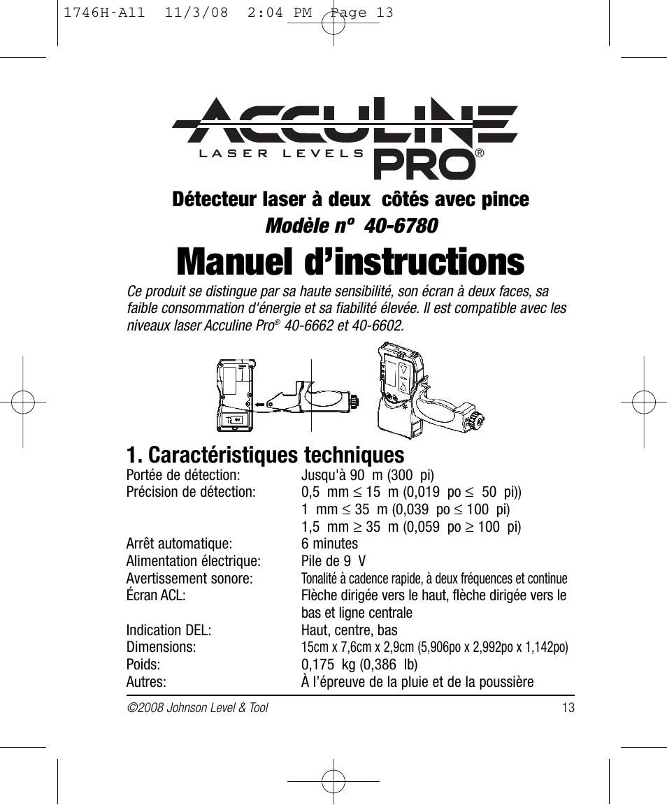 Manuel d’instructions, Caractéristiques techniques | Johnson Level & Tool Mfg. 40-6780 User Manual | Page 13 / 18