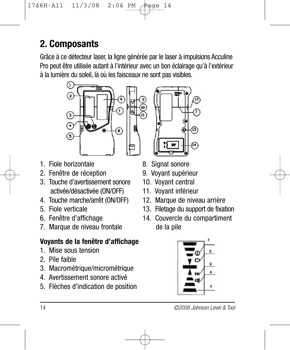 Composants | Johnson Level & Tool Mfg. 40-6780 User Manual | Page 14 / 18