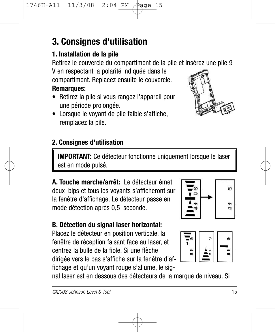 Consignes d'utilisation | Johnson Level & Tool Mfg. 40-6780 User Manual | Page 15 / 18