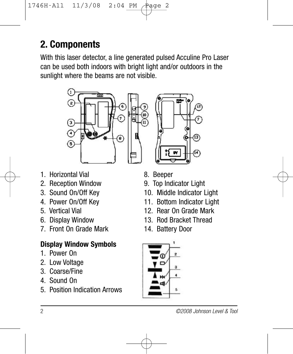 Components | Johnson Level & Tool Mfg. 40-6780 User Manual | Page 2 / 18