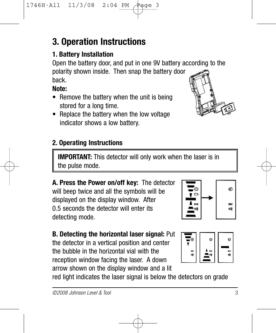 Operation instructions | Johnson Level & Tool Mfg. 40-6780 User Manual | Page 3 / 18