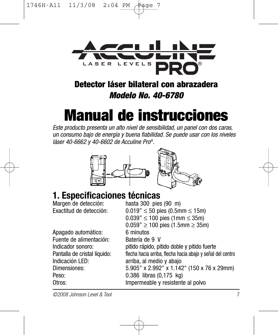 Manual de instrucciones, Especificaciones técnicas | Johnson Level & Tool Mfg. 40-6780 User Manual | Page 7 / 18