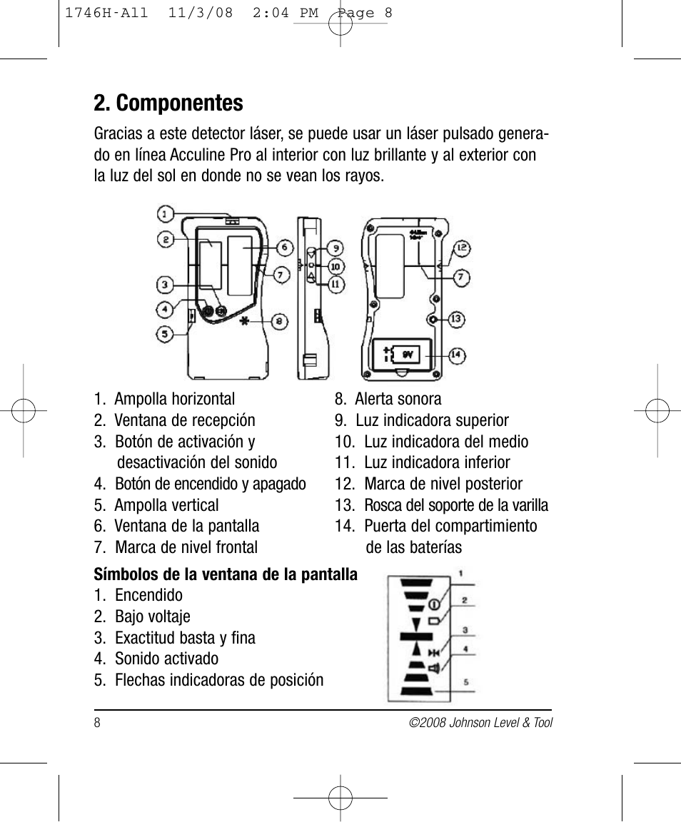 Componentes | Johnson Level & Tool Mfg. 40-6780 User Manual | Page 8 / 18