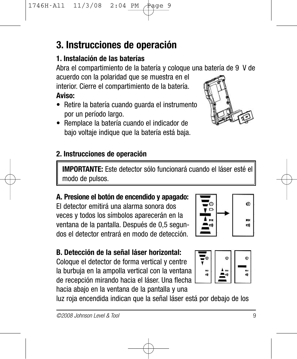 Instrucciones de operación | Johnson Level & Tool Mfg. 40-6780 User Manual | Page 9 / 18