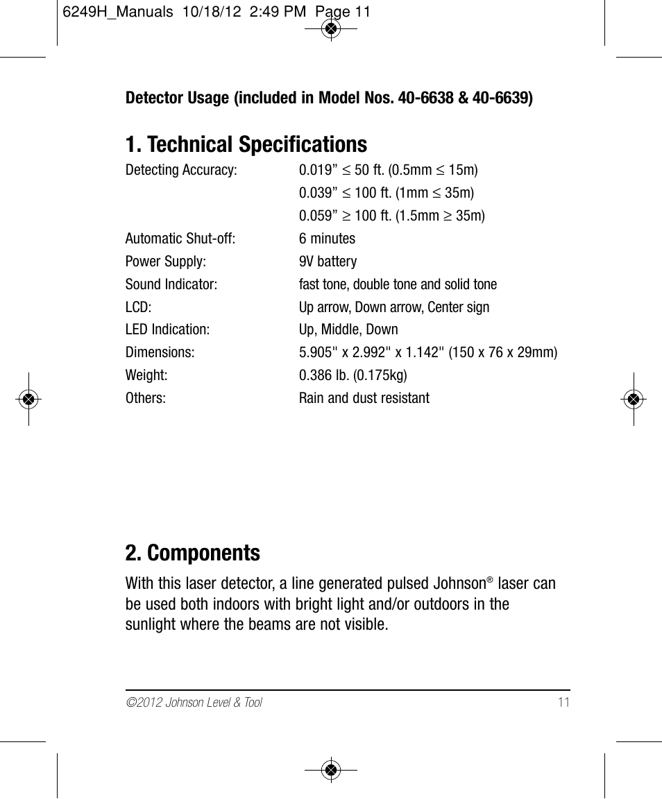 Technical specifications, Components | Johnson Level & Tool Mfg. 40-6639 User Manual | Page 11 / 22