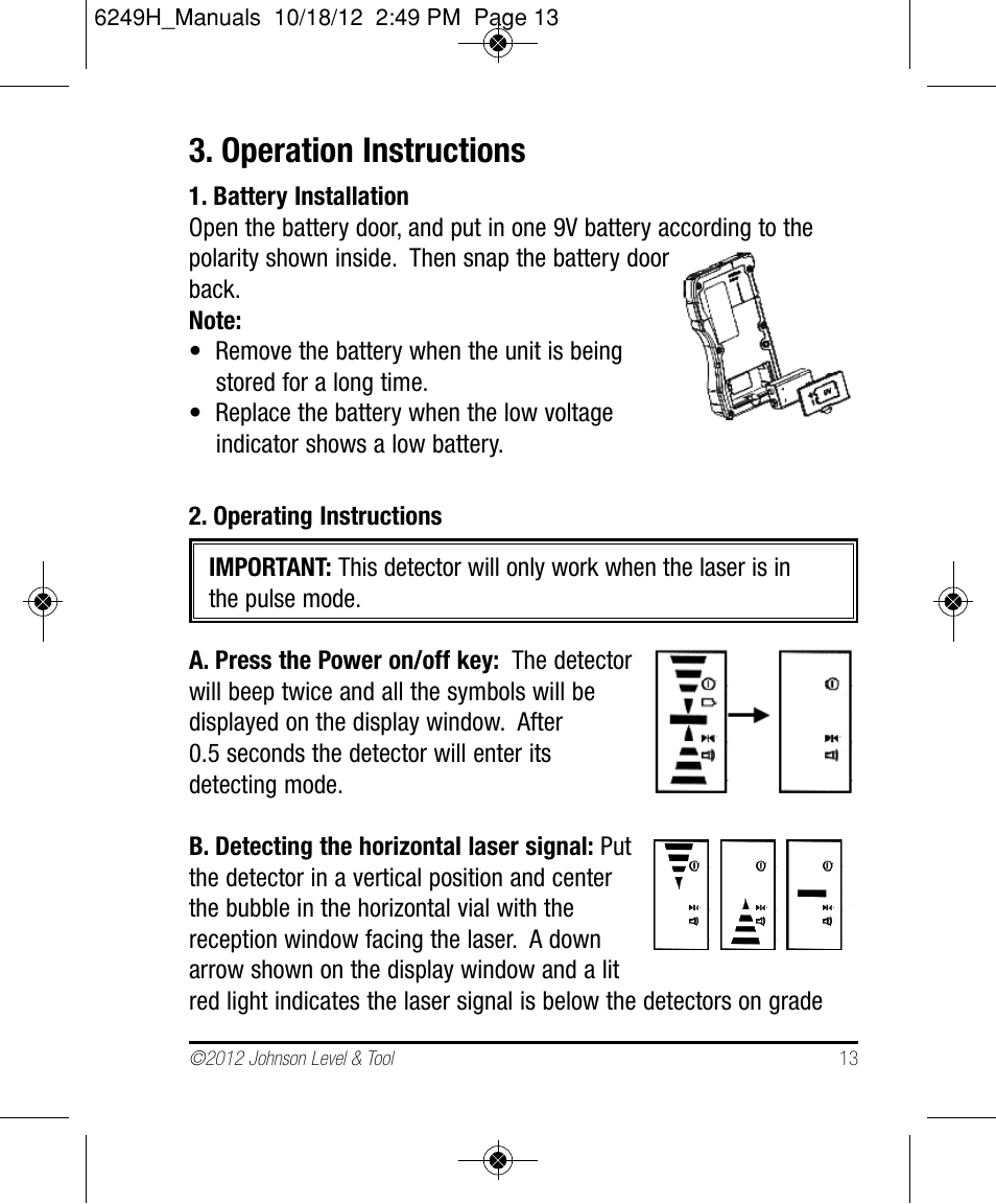 Operation instructions | Johnson Level & Tool Mfg. 40-6639 User Manual | Page 13 / 22
