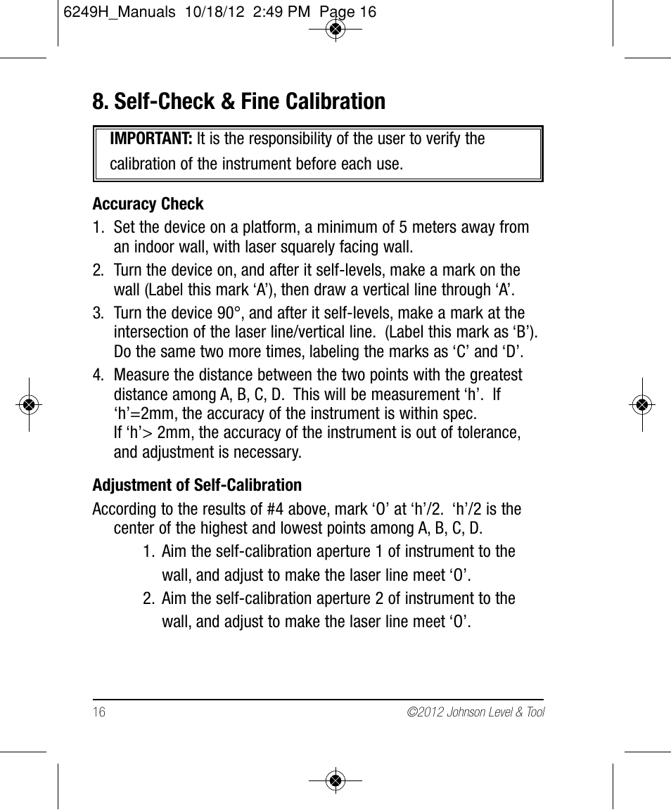 Self-check & fine calibration | Johnson Level & Tool Mfg. 40-6639 User Manual | Page 16 / 22