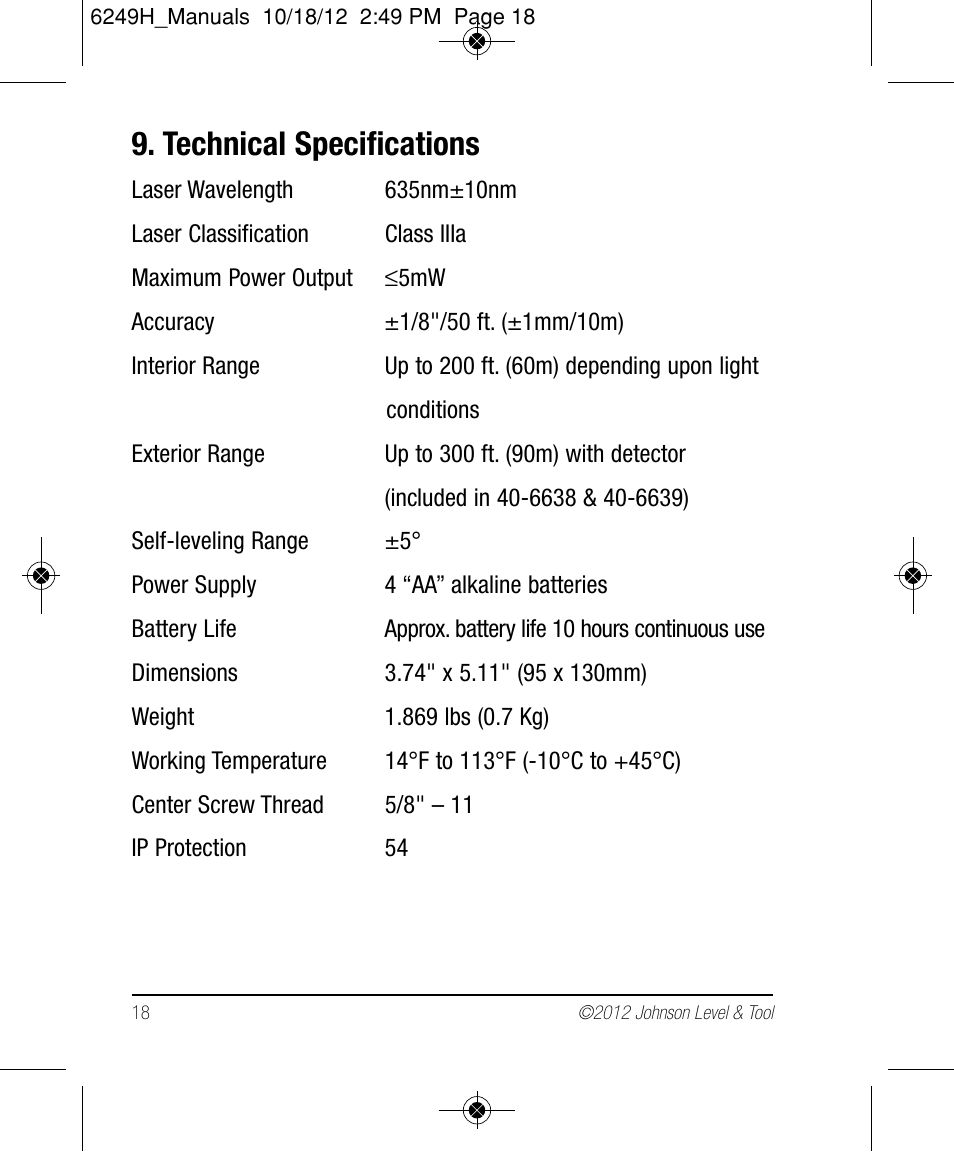 Technical specifications | Johnson Level & Tool Mfg. 40-6639 User Manual | Page 18 / 22