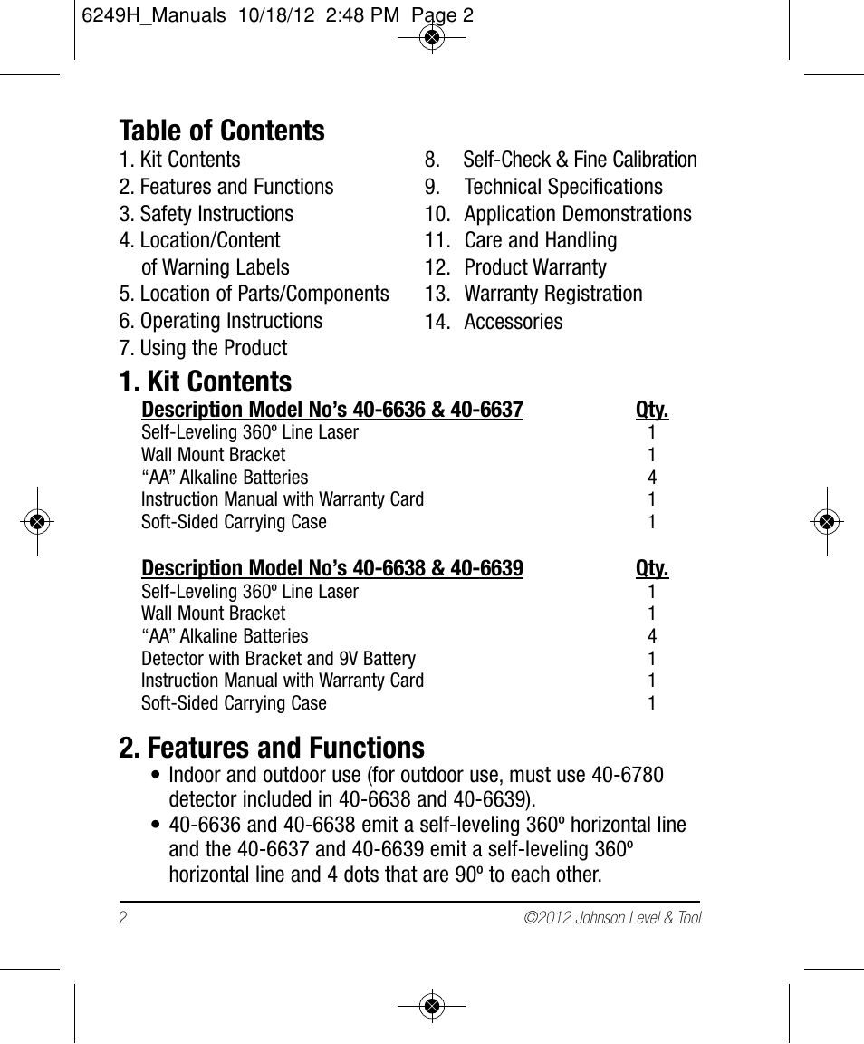 Johnson Level & Tool Mfg. 40-6639 User Manual | Page 2 / 22