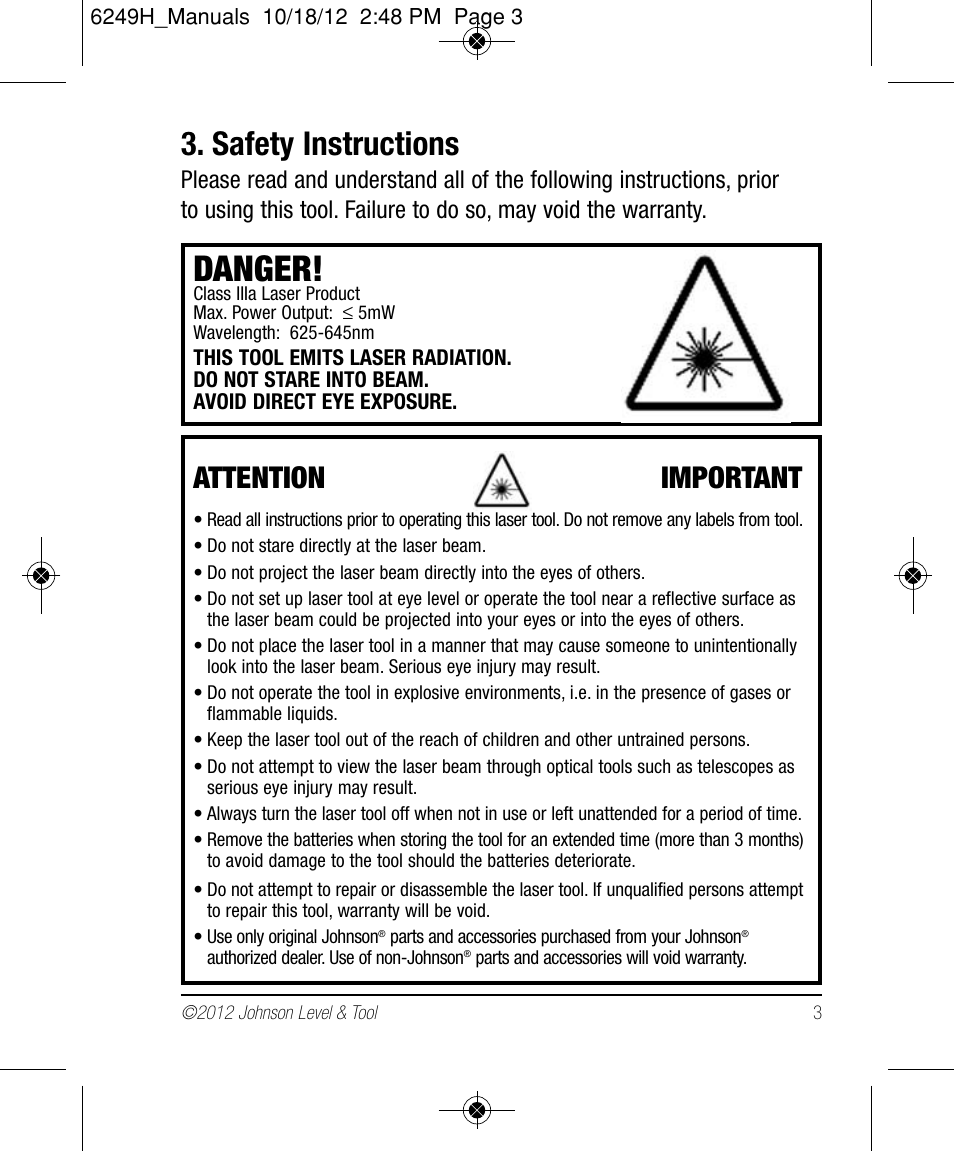 Danger, Safety instructions, Attention important | Johnson Level & Tool Mfg. 40-6639 User Manual | Page 3 / 22