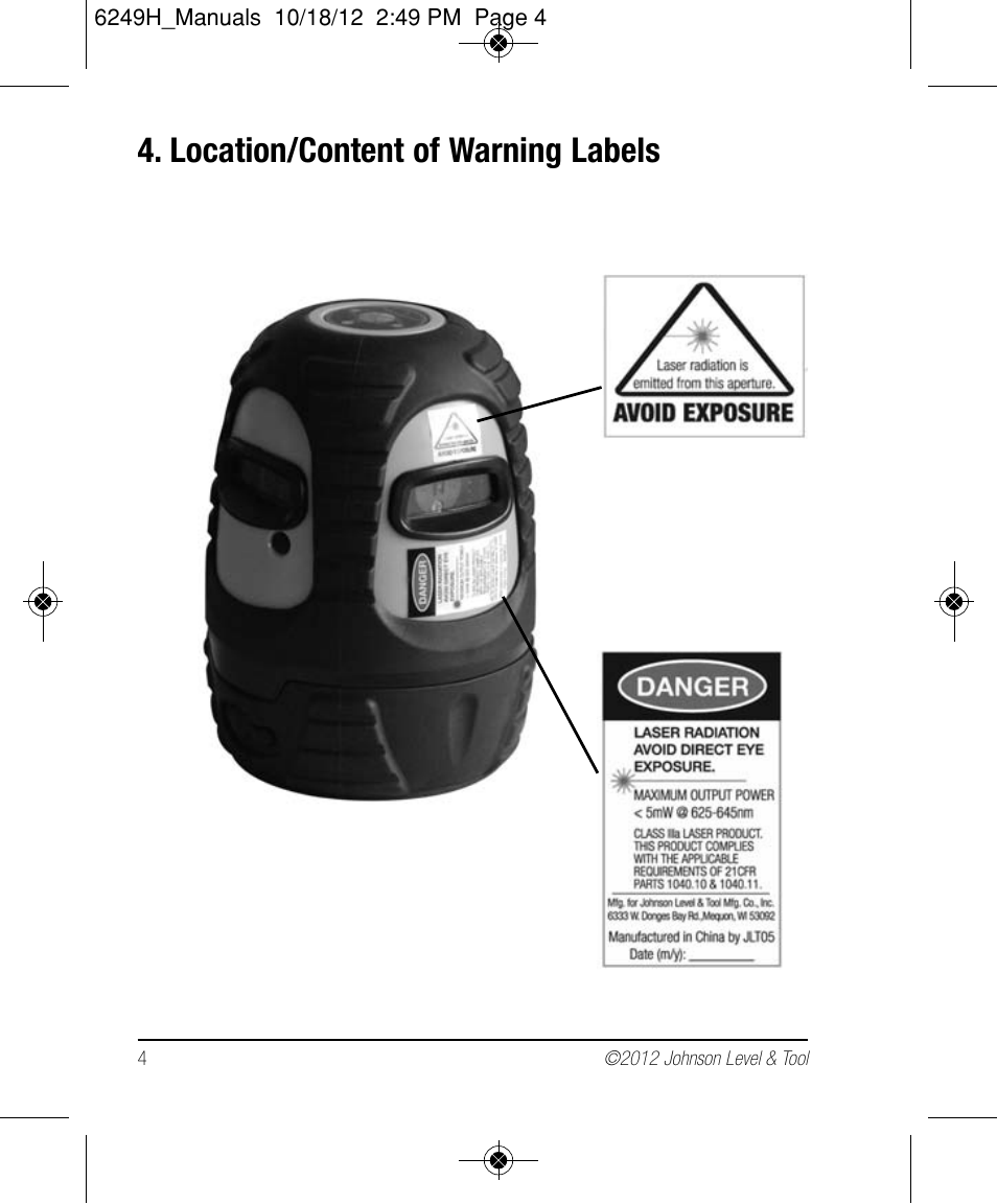 Location/content of warning labels | Johnson Level & Tool Mfg. 40-6639 User Manual | Page 4 / 22