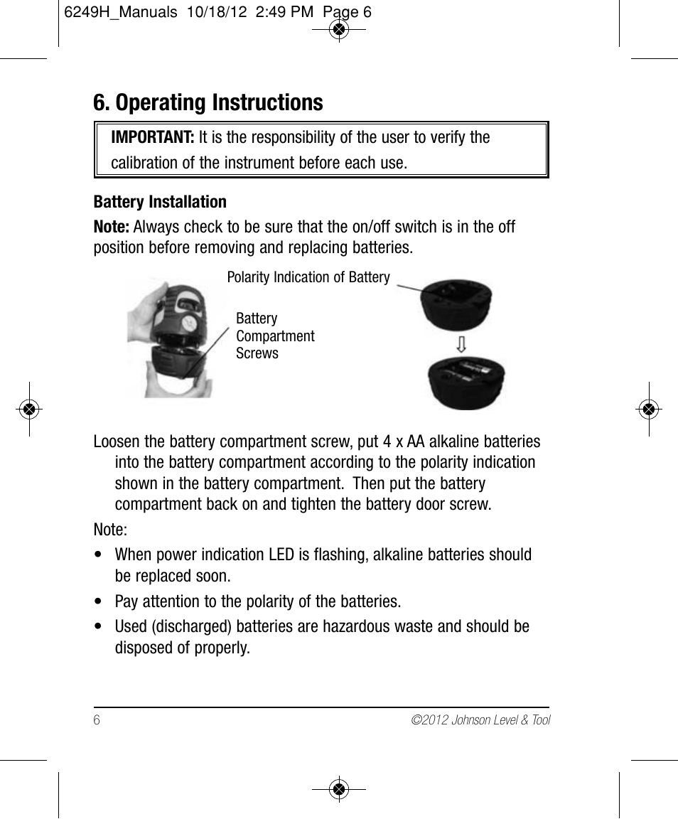 Operating instructions | Johnson Level & Tool Mfg. 40-6639 User Manual | Page 6 / 22