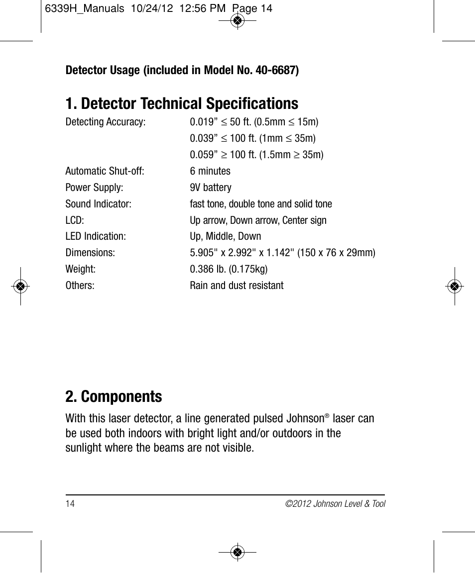 Detector technical specifications, Components | Johnson Level & Tool Mfg. 40-6687 User Manual | Page 14 / 28