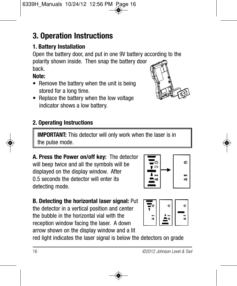 Operation instructions | Johnson Level & Tool Mfg. 40-6687 User Manual | Page 16 / 28