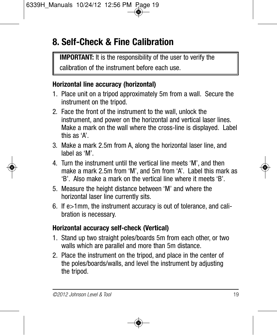 Self-check & fine calibration | Johnson Level & Tool Mfg. 40-6687 User Manual | Page 19 / 28