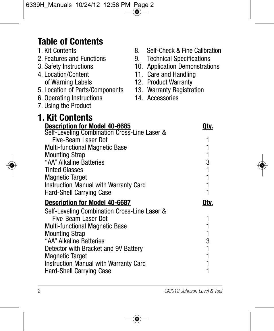 Johnson Level & Tool Mfg. 40-6687 User Manual | Page 2 / 28