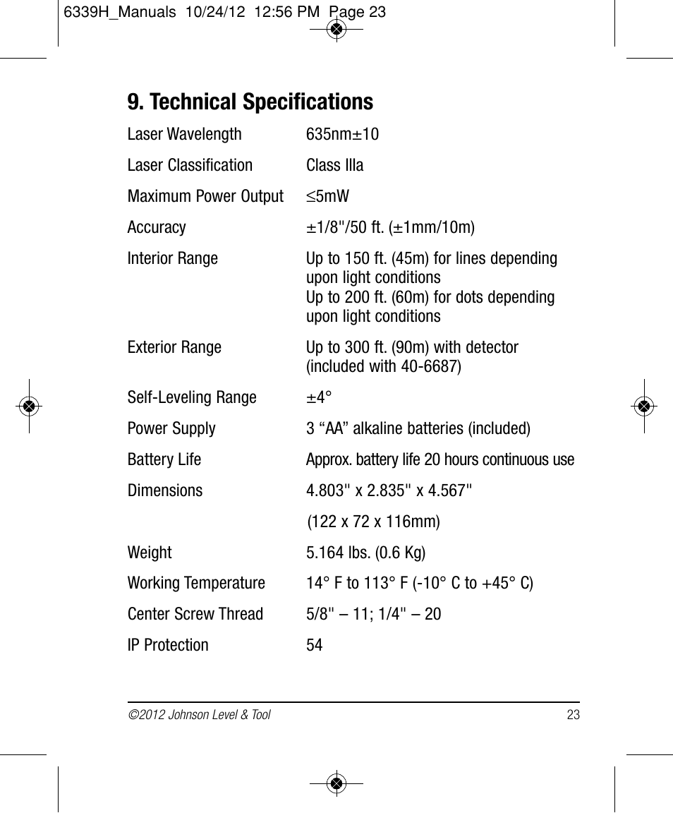 Technical specifications | Johnson Level & Tool Mfg. 40-6687 User Manual | Page 23 / 28