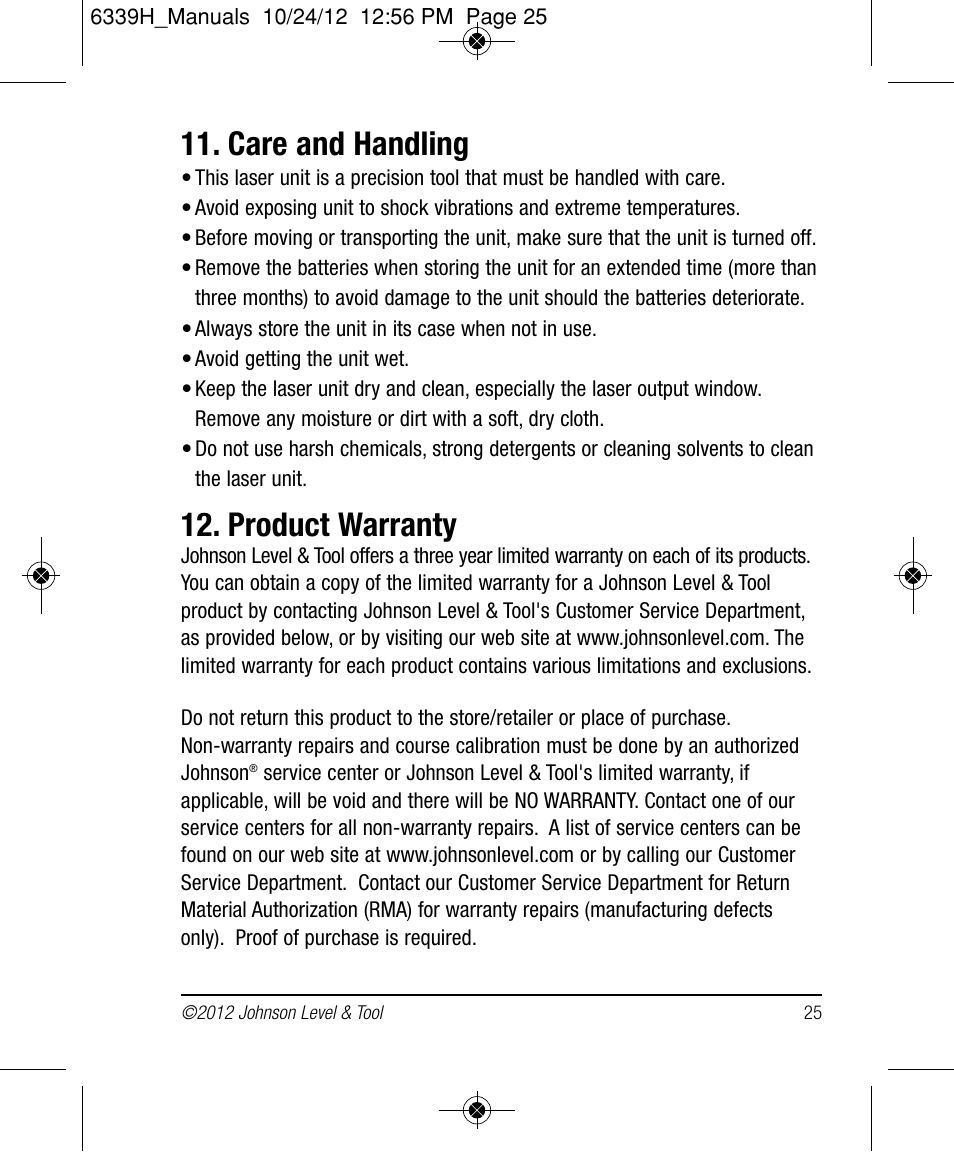 Care and handling, Product warranty | Johnson Level & Tool Mfg. 40-6687 User Manual | Page 25 / 28