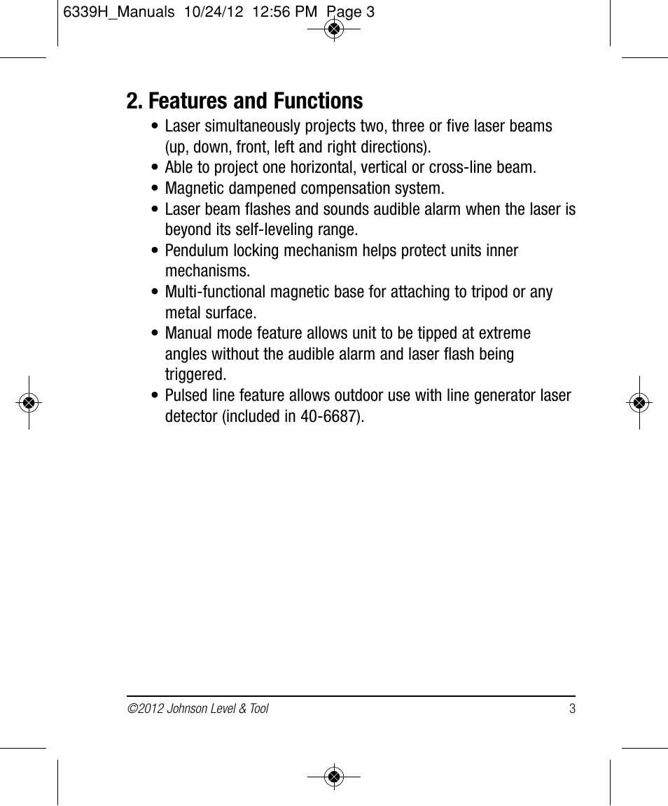 Features and functions | Johnson Level & Tool Mfg. 40-6687 User Manual | Page 3 / 28