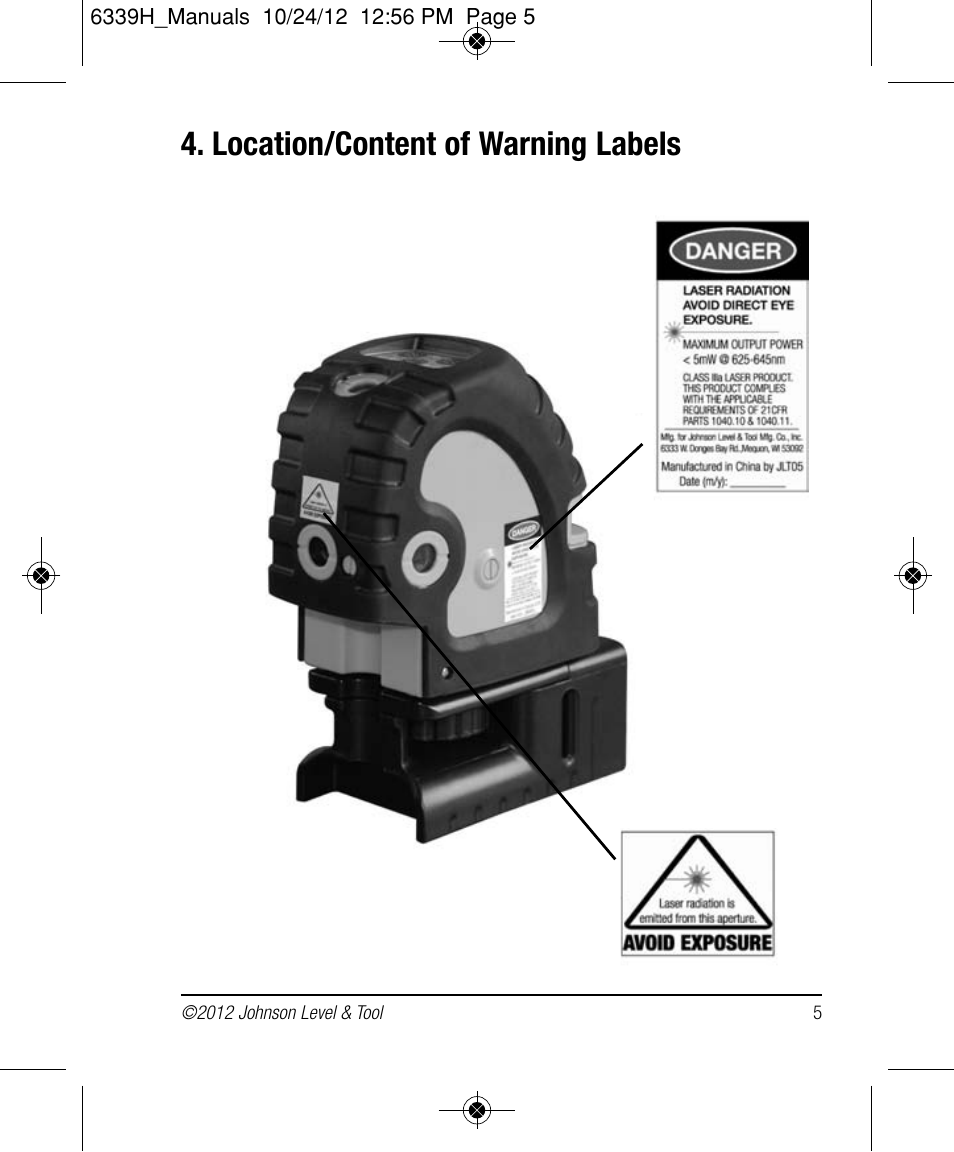 Location/content of warning labels | Johnson Level & Tool Mfg. 40-6687 User Manual | Page 5 / 28