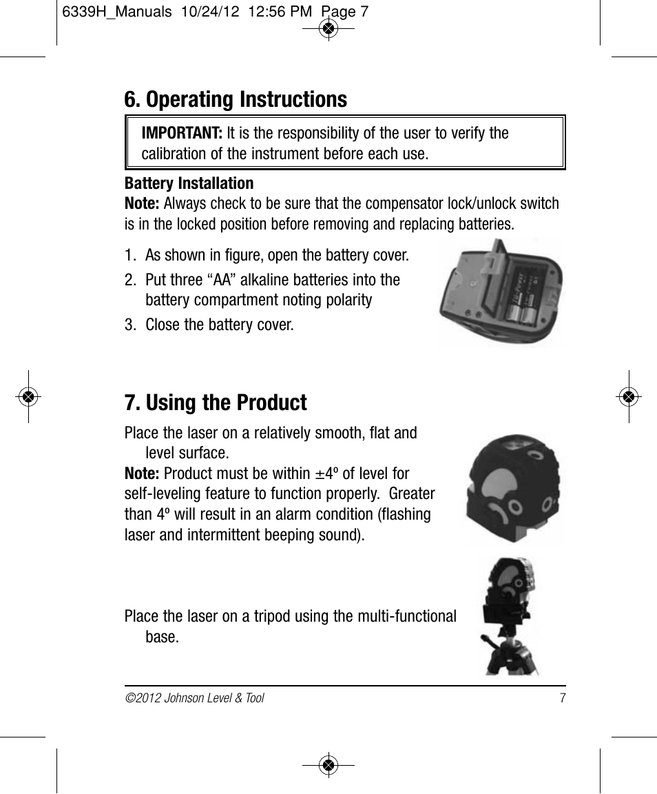 Operating instructions, Using the product | Johnson Level & Tool Mfg. 40-6687 User Manual | Page 7 / 28