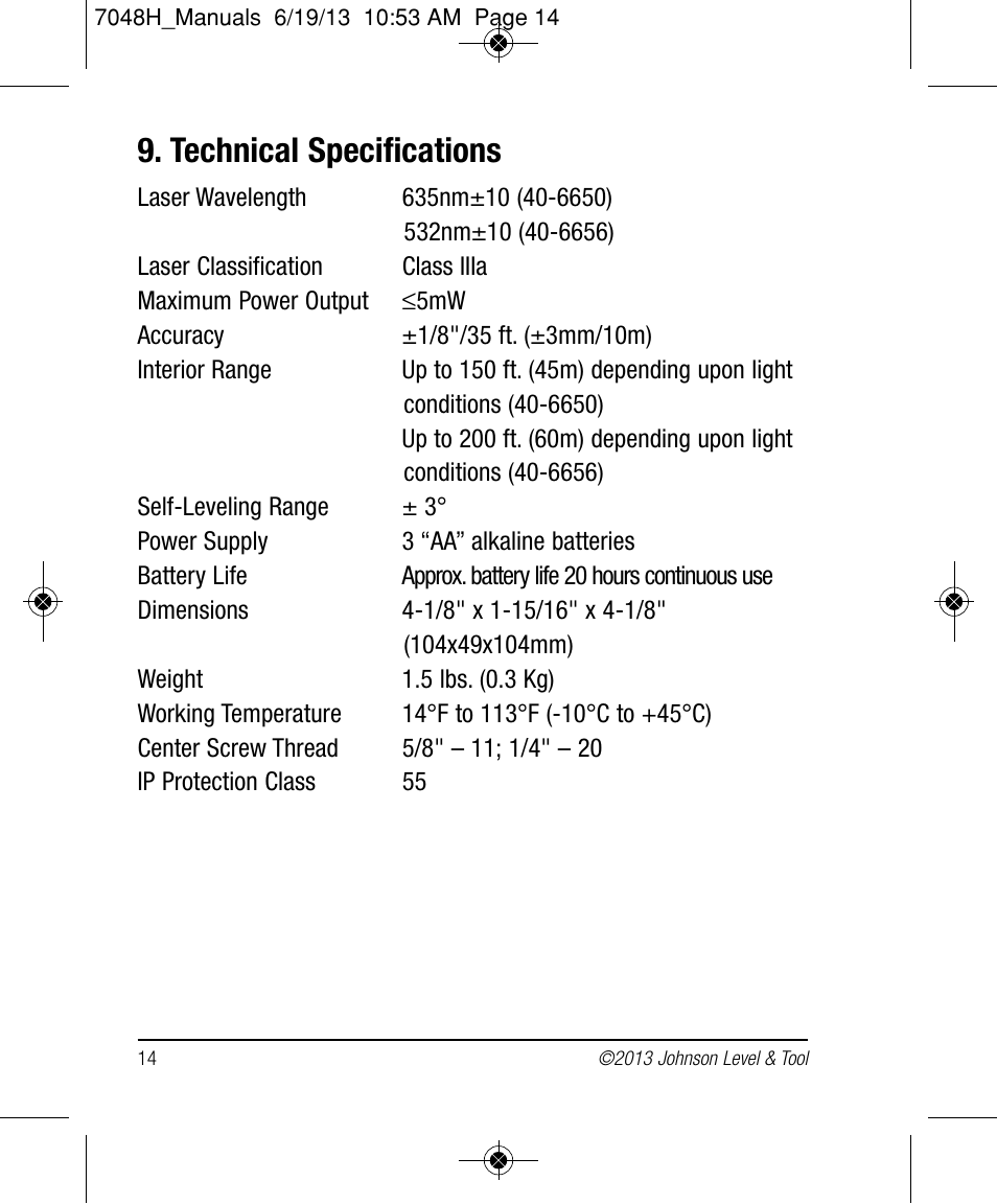 Technical specifications | Johnson Level & Tool Mfg. 40-6656 User Manual | Page 14 / 18