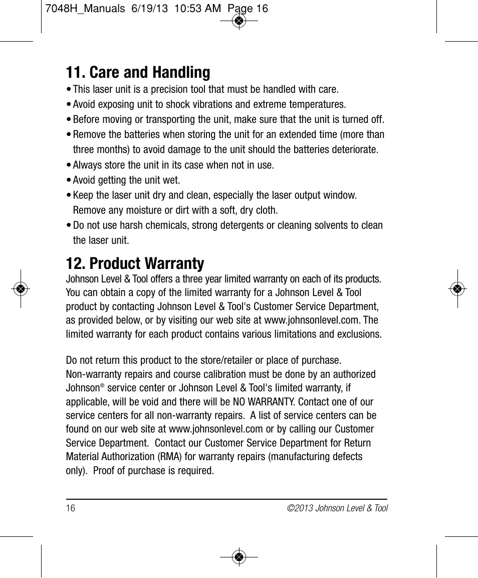 Care and handling, Product warranty | Johnson Level & Tool Mfg. 40-6656 User Manual | Page 16 / 18