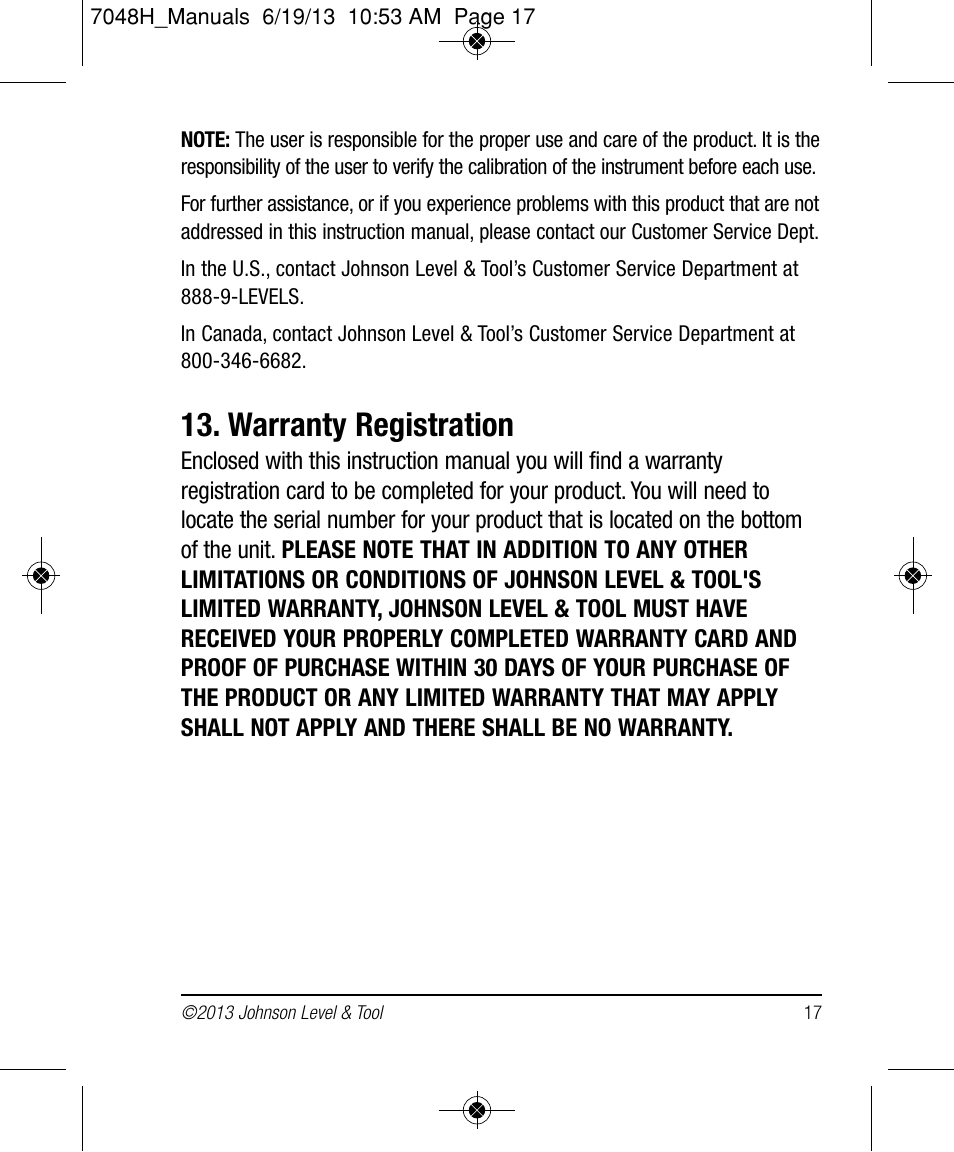 Warranty registration | Johnson Level & Tool Mfg. 40-6656 User Manual | Page 17 / 18