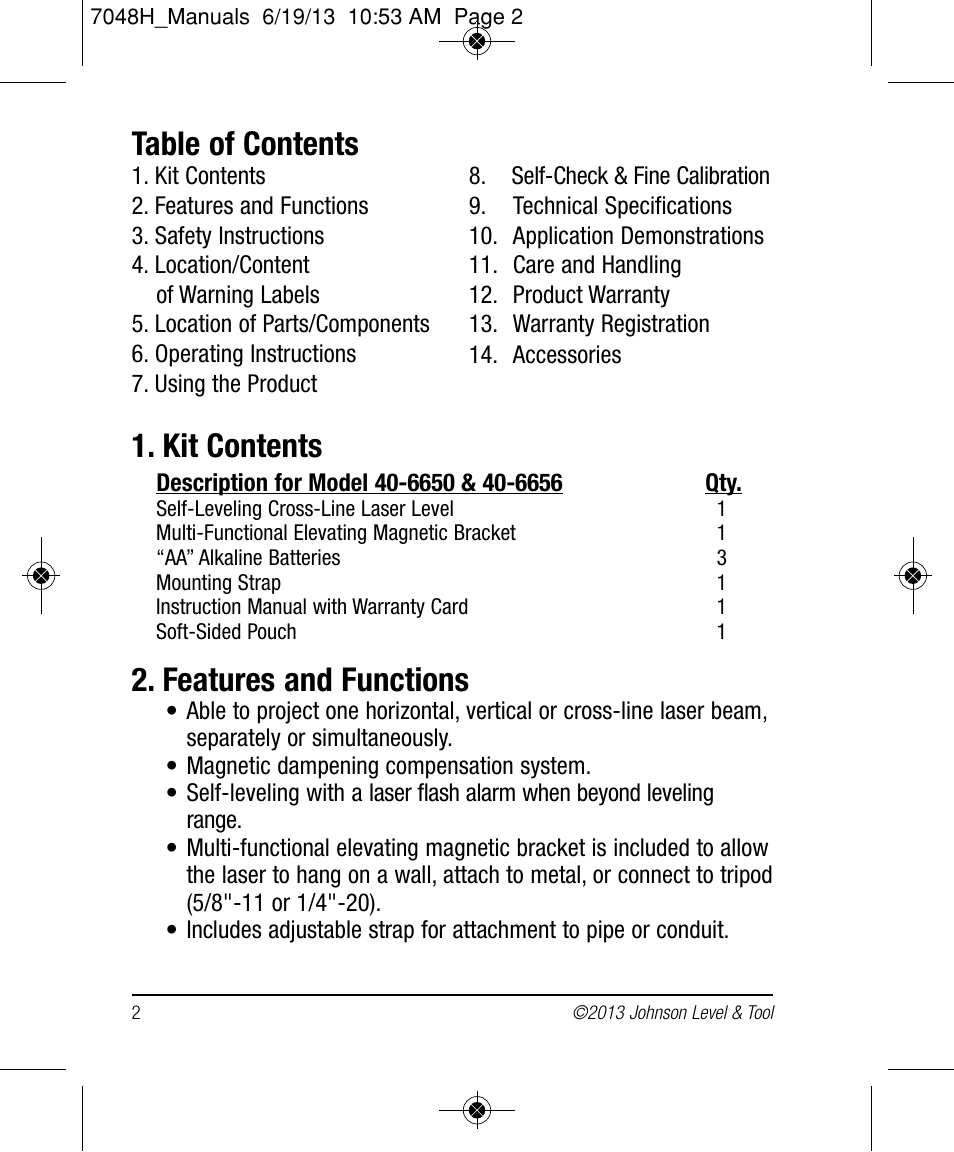 Johnson Level & Tool Mfg. 40-6656 User Manual | Page 2 / 18