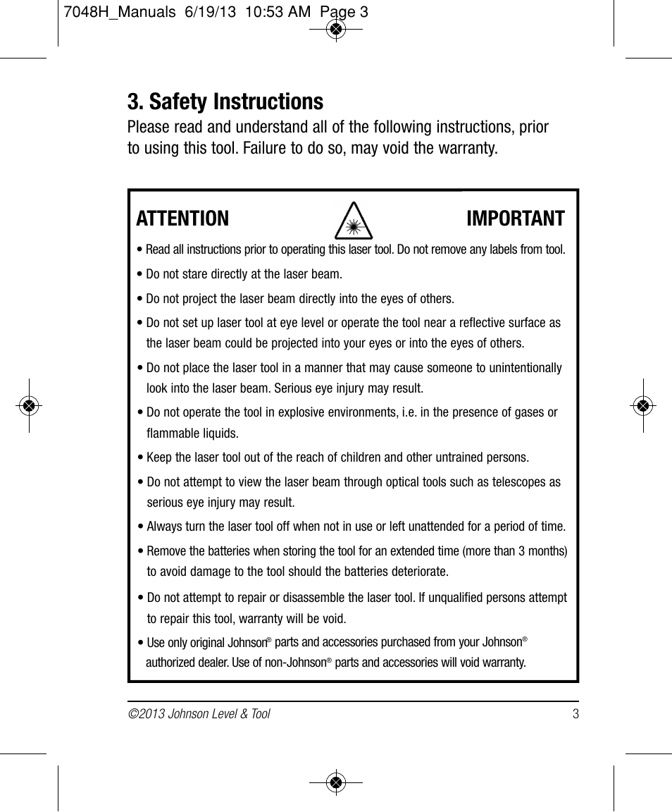 Safety instructions, Attention important | Johnson Level & Tool Mfg. 40-6656 User Manual | Page 3 / 18