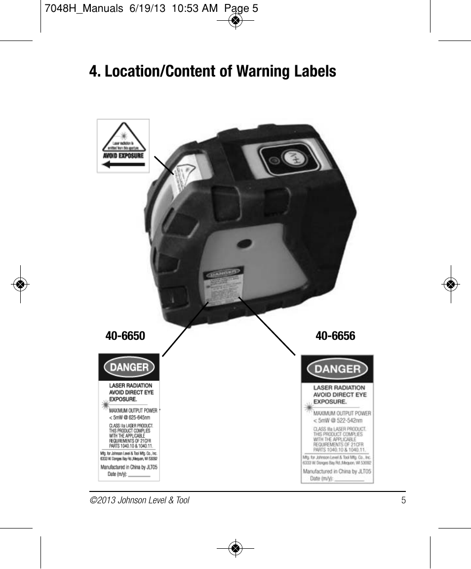 Location/content of warning labels | Johnson Level & Tool Mfg. 40-6656 User Manual | Page 5 / 18