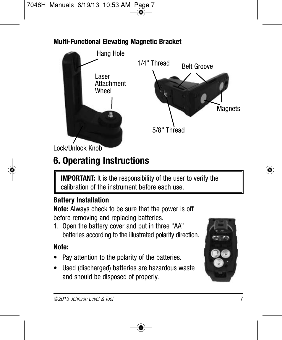 Operating instructions | Johnson Level & Tool Mfg. 40-6656 User Manual | Page 7 / 18