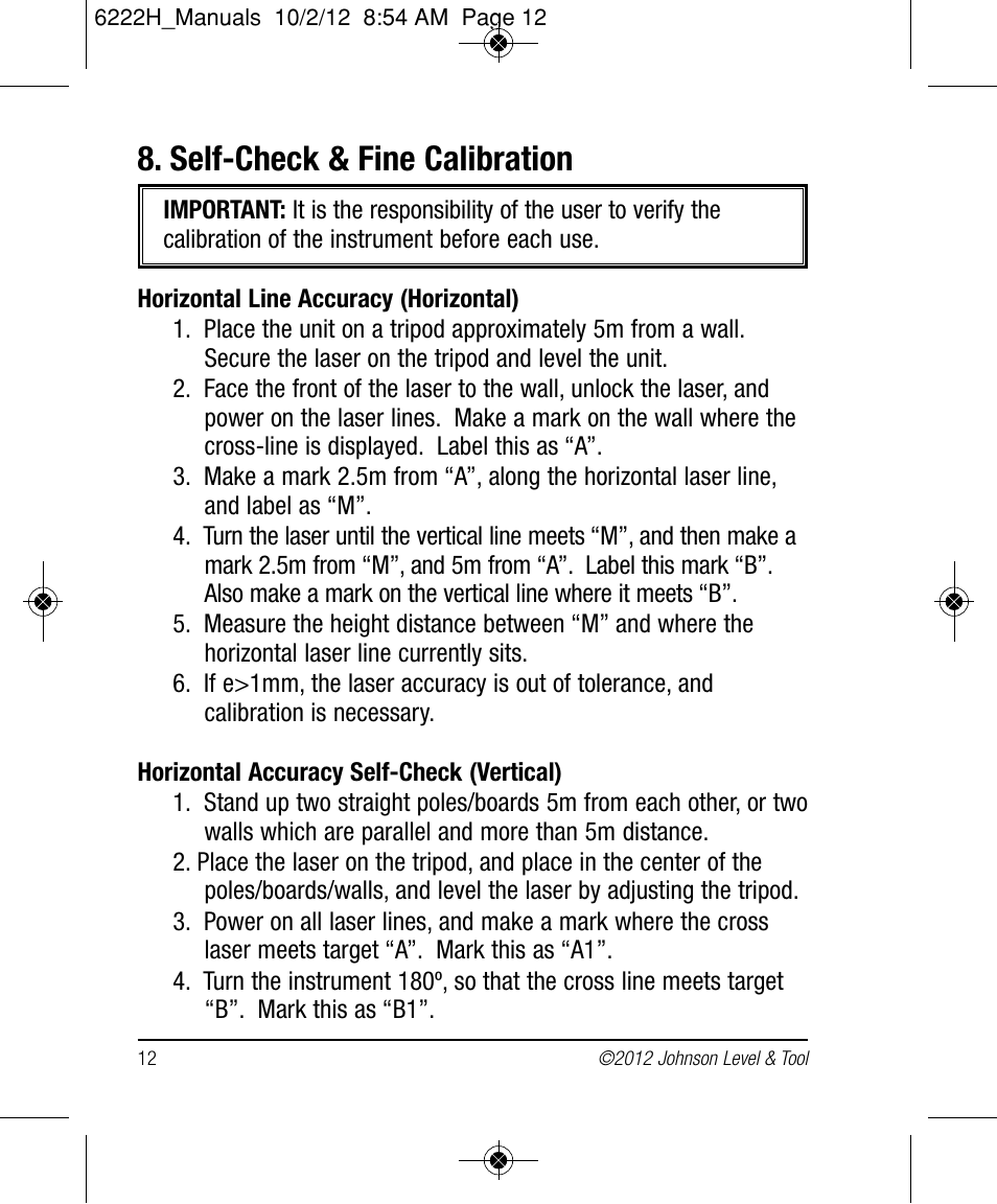 Self-check & fine calibration | Johnson Level & Tool Mfg. 40-6683 User Manual | Page 12 / 18