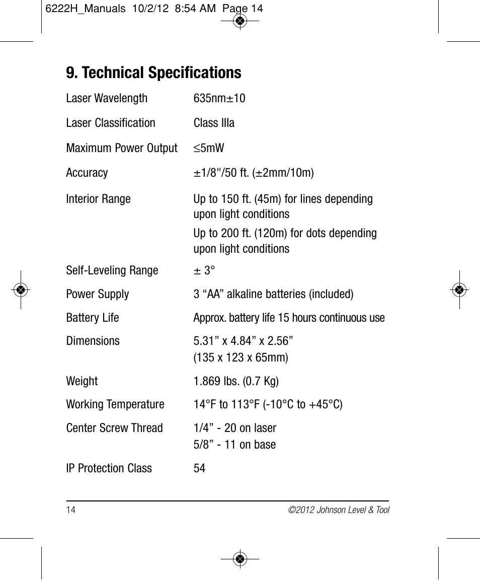 Technical specifications | Johnson Level & Tool Mfg. 40-6683 User Manual | Page 14 / 18