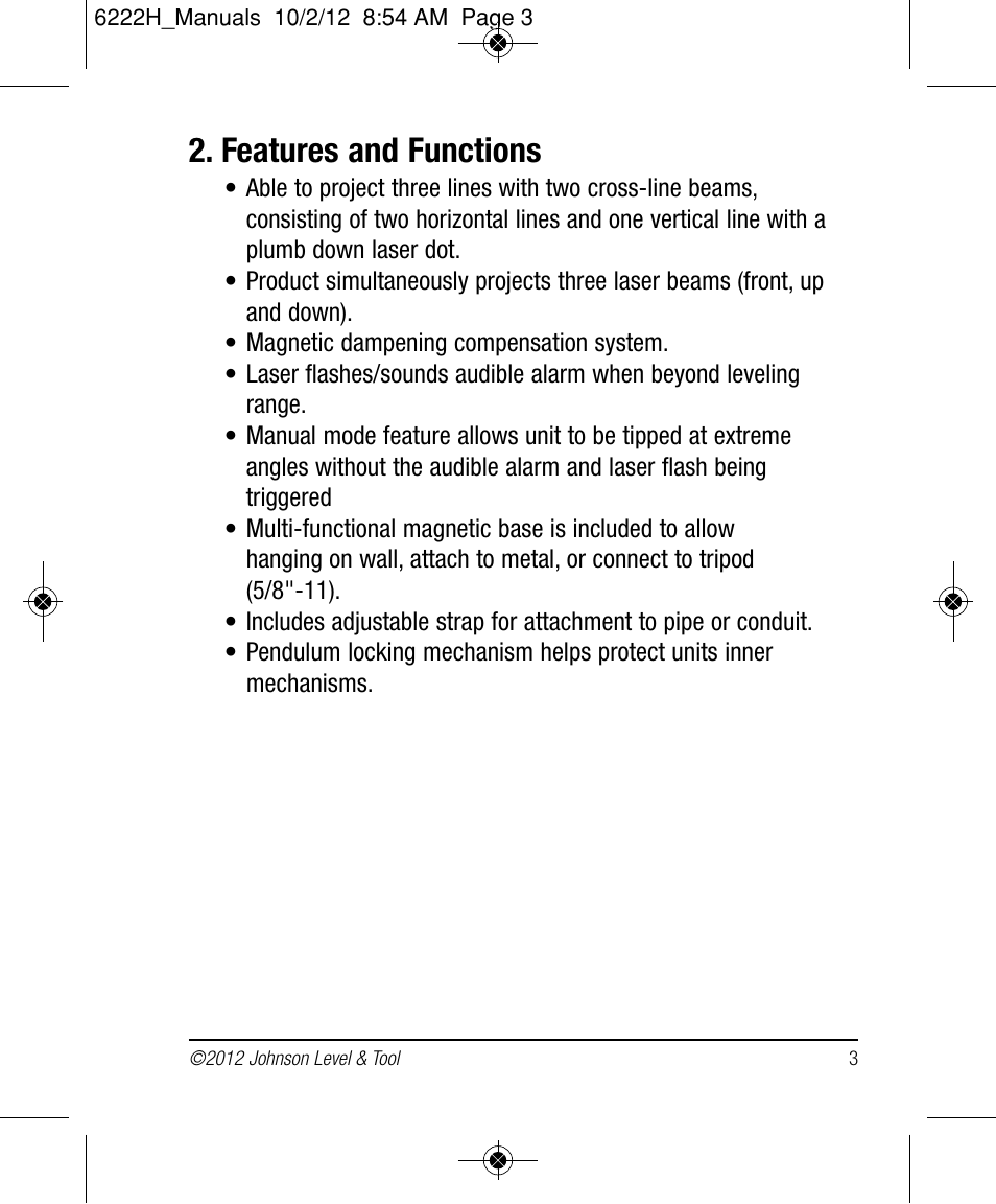 Features and functions | Johnson Level & Tool Mfg. 40-6683 User Manual | Page 3 / 18